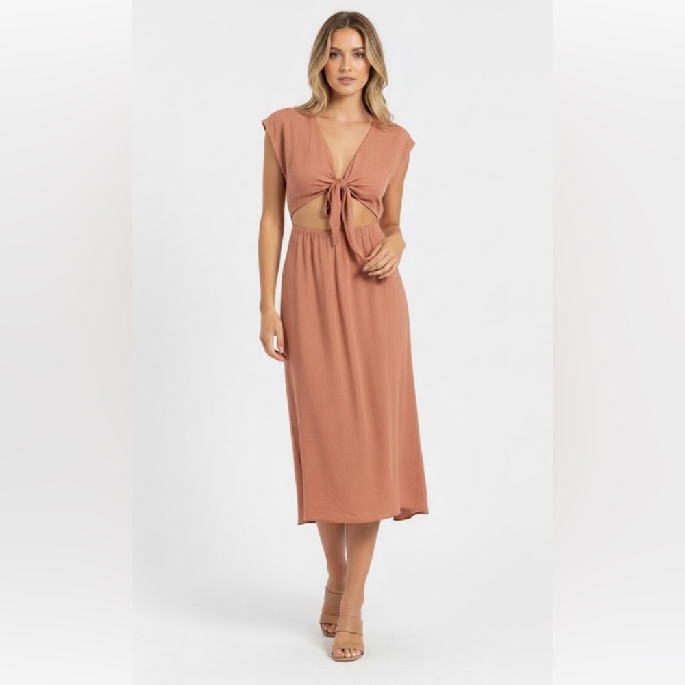 SNDYS NWT Botanical Tie Front Cut Out Rust Brown Boho Midi Maxi Dress Small
